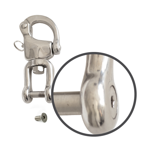 Produto metálico prateado com mosquetão e parafuso em fundo branco