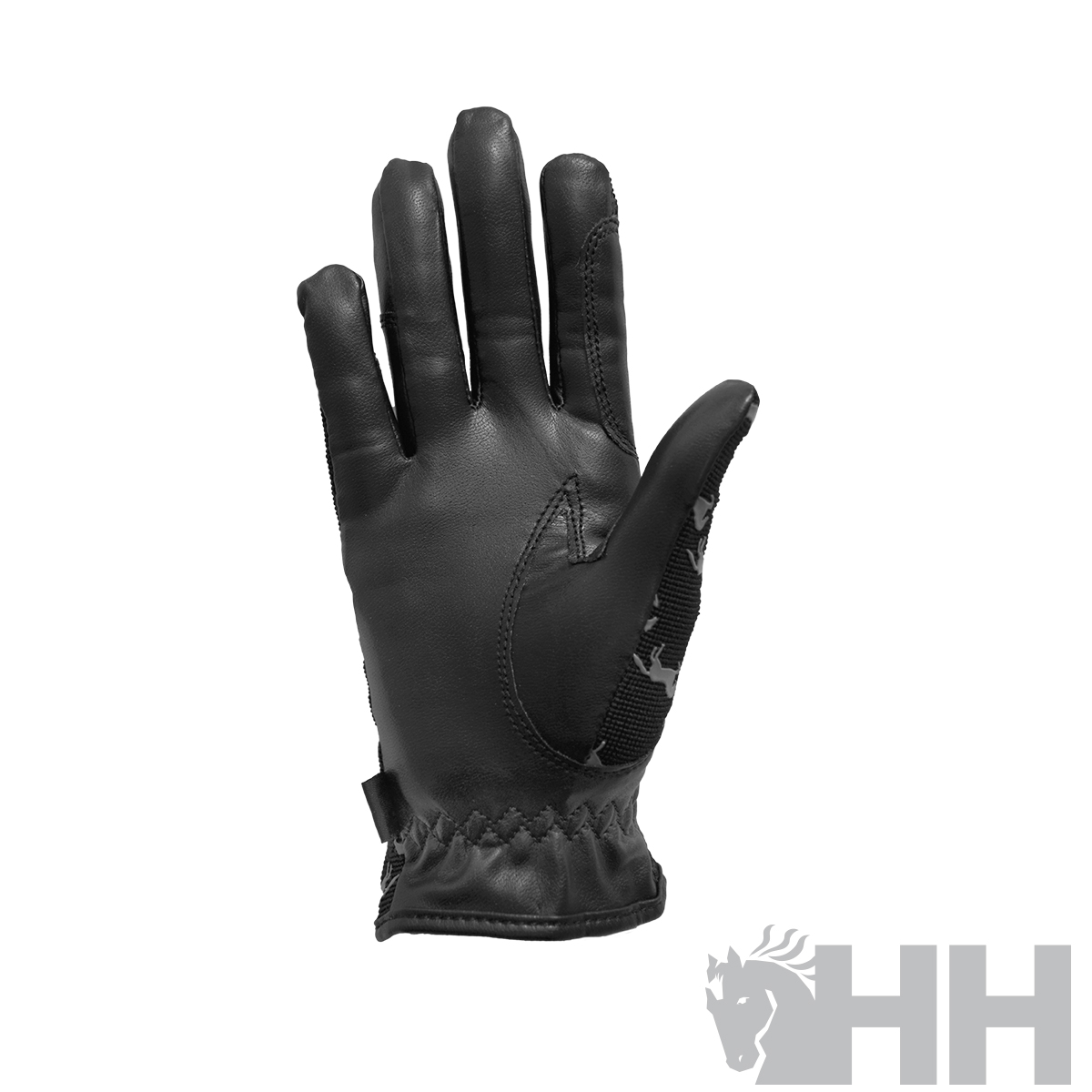 Luva preta de pele com detalhes camuflados e ajuste elástico no pulso