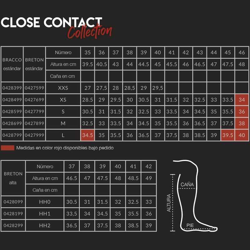 Tabela detalhada de tamanhos para coleção CLOSE CONTACT de calças com medidas de altura e cana em cm