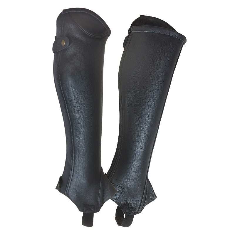 Par de perneiras pretas em pele com fecho de botão