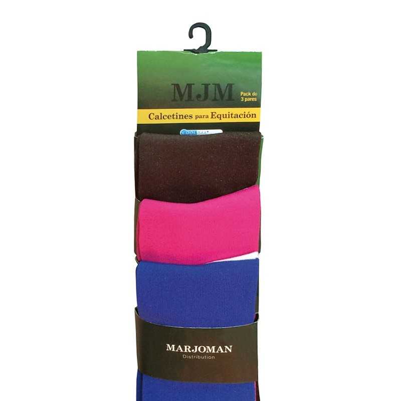 Pack de 3 meias para equitação castanho, rosa e azul embaladas com etiqueta verde M.J.M.