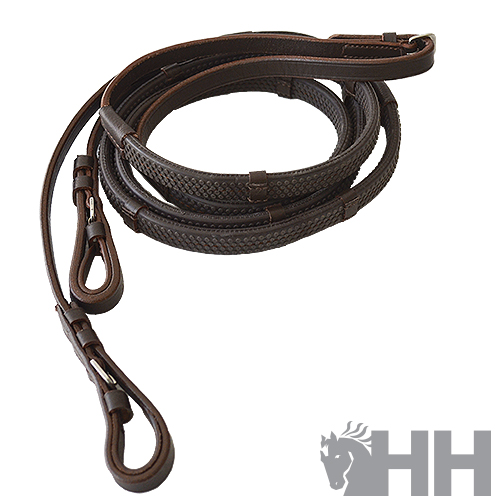 Rédeas de couro castanho escuro com textura trançada