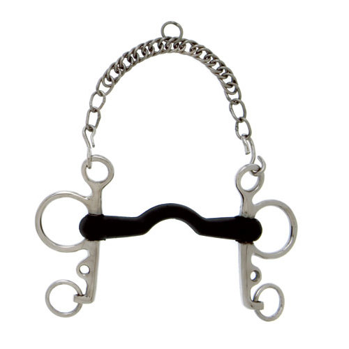 Freio metálico prateado com peça central preta e corrente