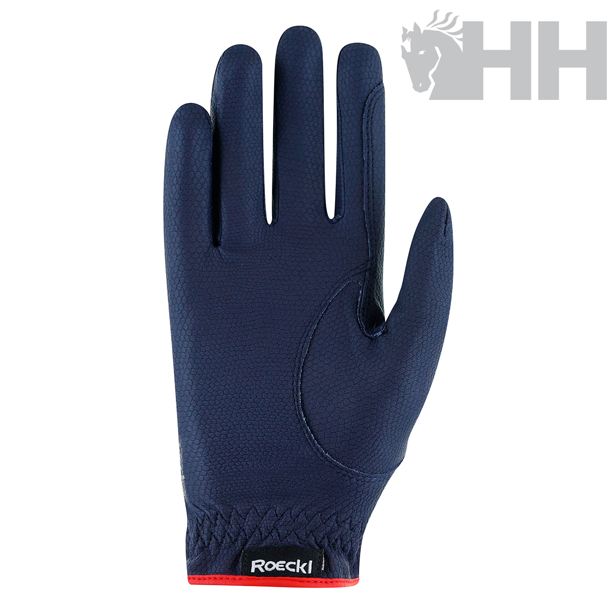 Luvas azuis escuras com etiqueta 'ROECKL' e punho elástico