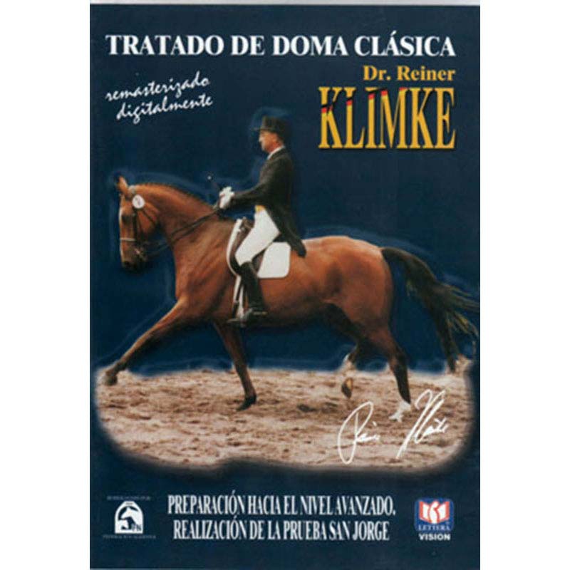 Capa de livro sobre doma clássica com cavalo e cavaleiro em fundo azul