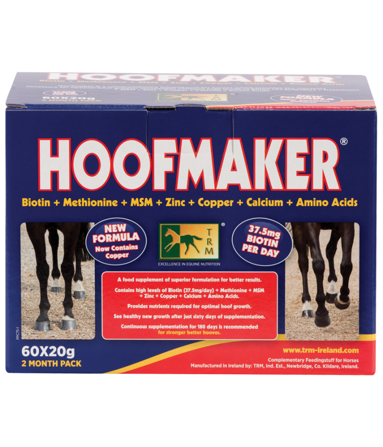 Empaque azul de suplemento HOOFMAKER para caballos con texto y imagen de piernas de caballo