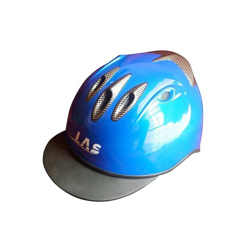 Capacete azul com viseira preta e ventilação em favo de mel