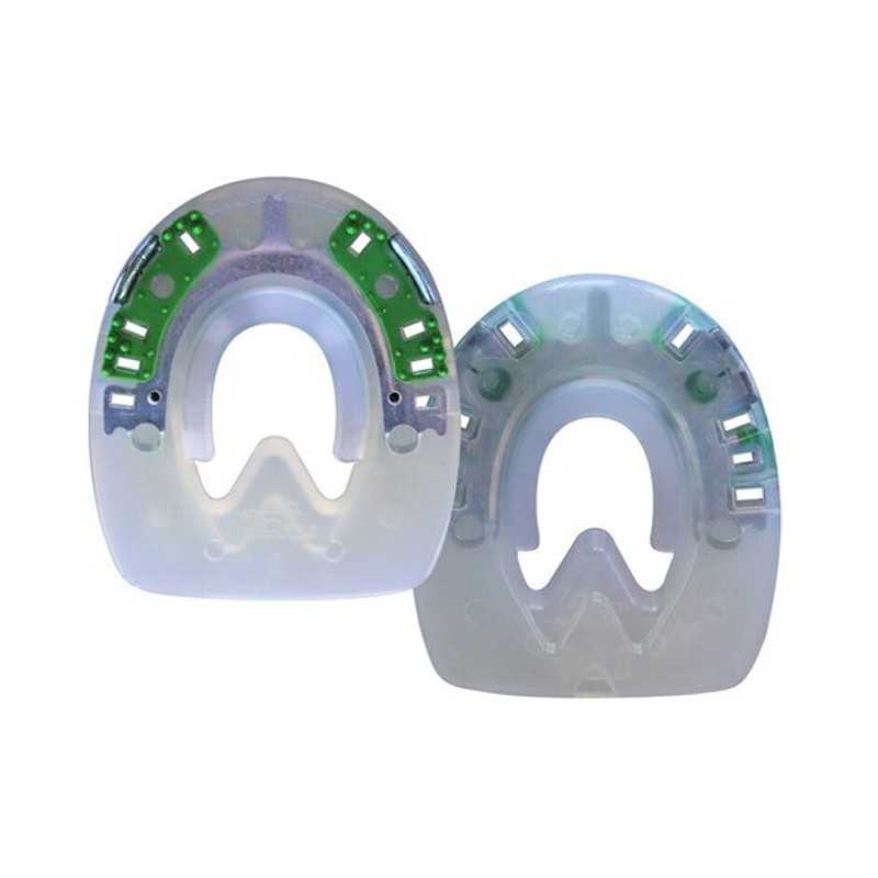 Protetores transparentes para calçado com detalhes verdes e cinzentos
