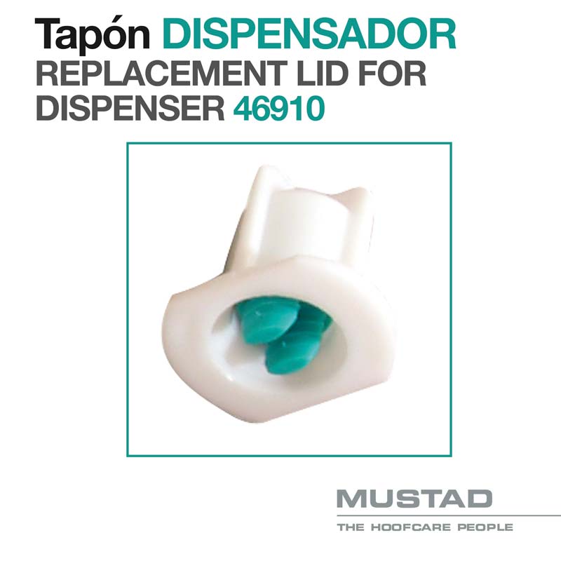 Tampão dispensador branco com peças verdes e texto explicativo da marca Mustad