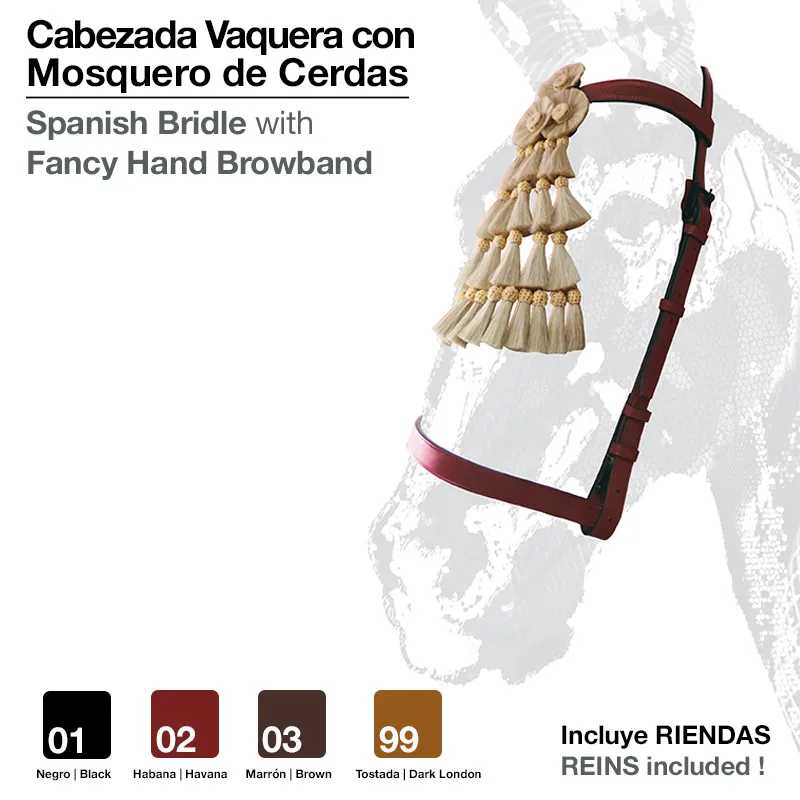 Cabeçada vaqueira espanhola castanha com mosquero de cerdas e rédeas sobre fundo branco e texto.