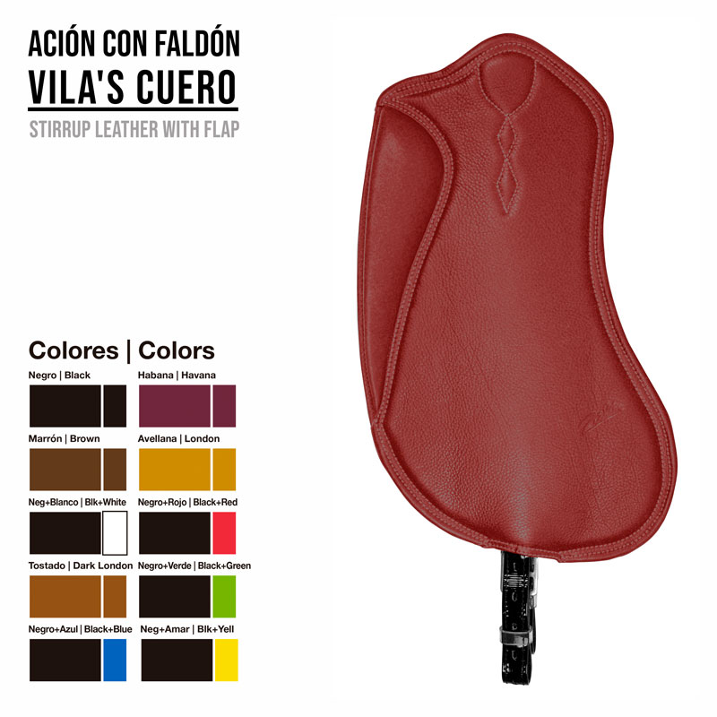 Pala de estribo de couro vermelho com fivela preta e tabela de cores à esquerda