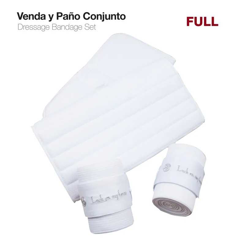 Conjunto branco de venda e pano para equitação com texto nas vendas