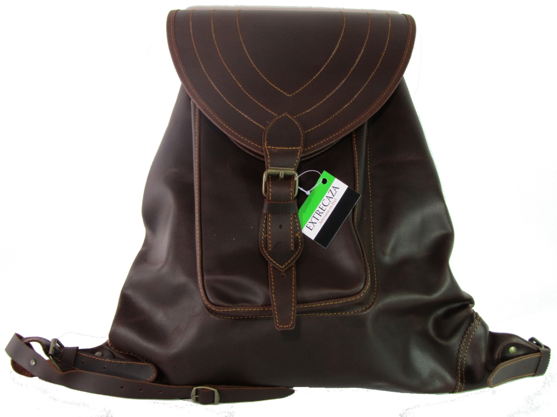 Mochila de couro castanho escuro com fecho de fivela