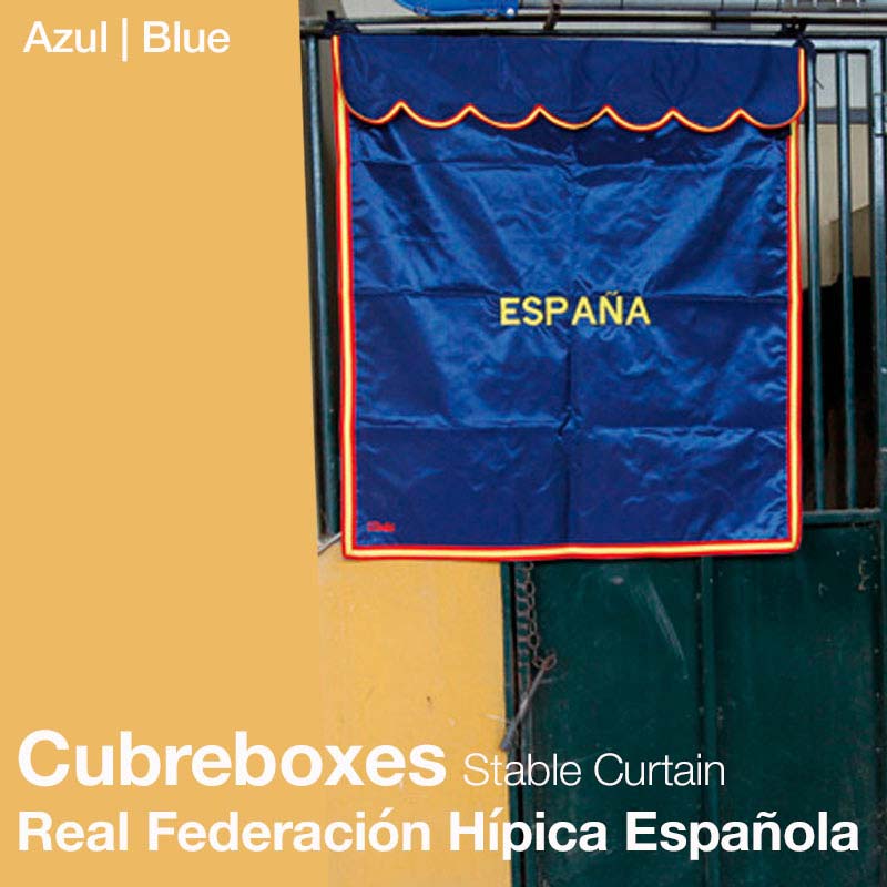 Cortina para estábulo azul com borda vermelha e amarela com a palavra ESPAÑA