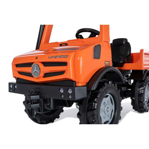 Veículo infantil elétrico laranja e preto inspirado no Mercedes-Benz Unimog