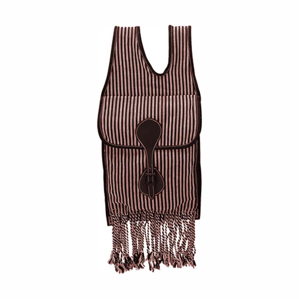 Bolsa de tecido castanha e bege com franjas e detalhe em couro