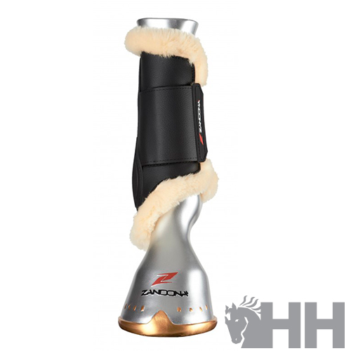 Proteção de perna e casco para cavalo preta com forro bege e detalhe dourado