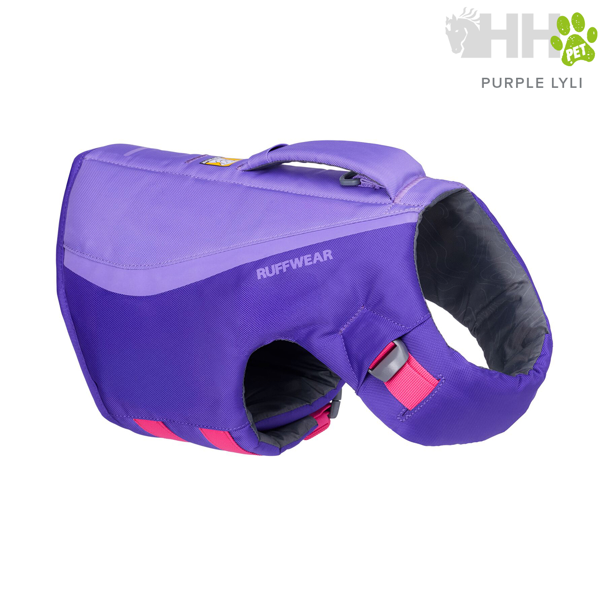 Colete de proteção para cão roxo com detalhes vermelhos e pega superior