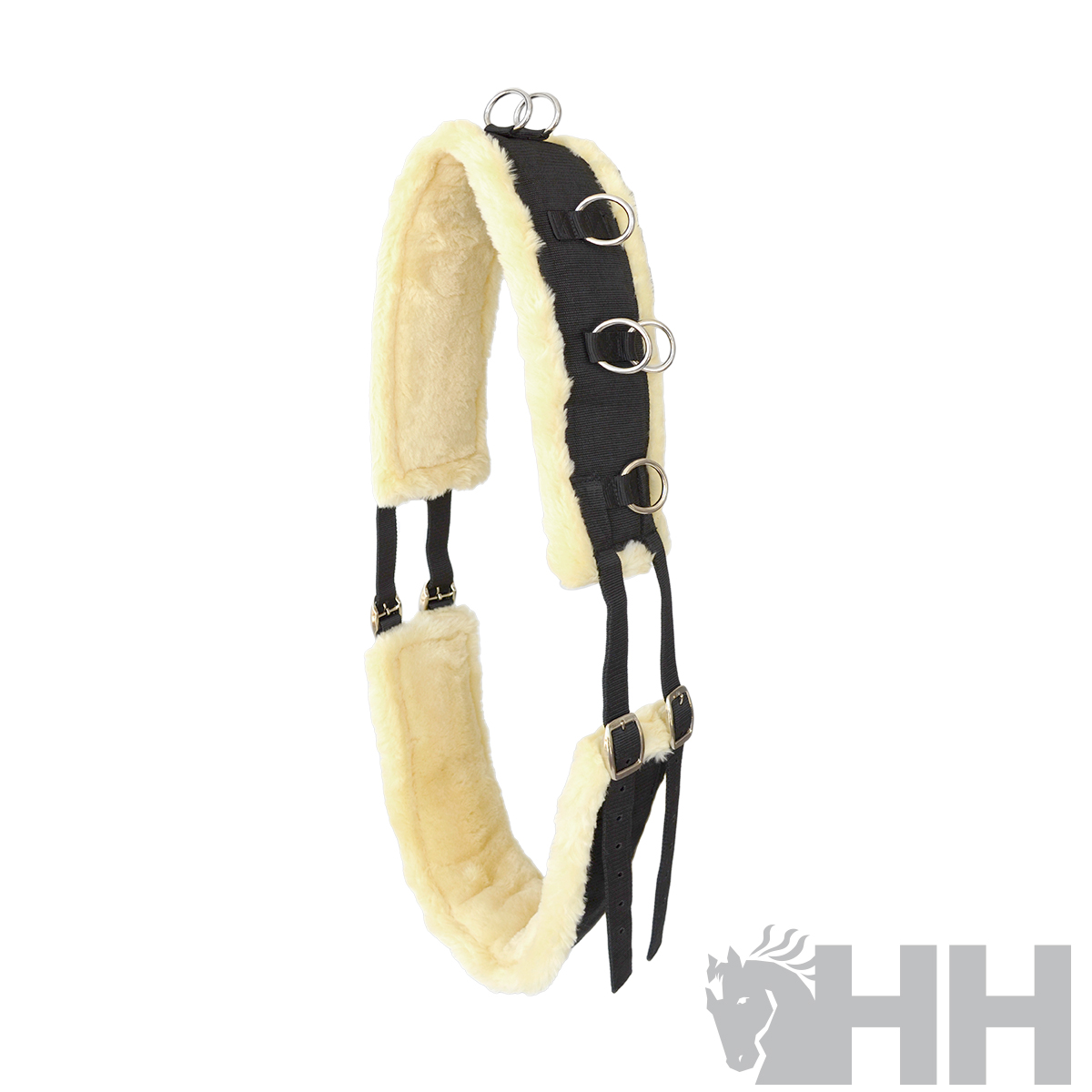Cilha para cavalo com almofadas de pêlo sintético e argolas metálicas