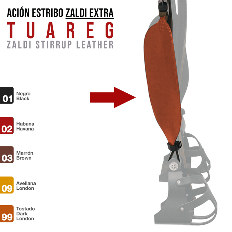 Estribo de equitação com peça de couro castanho-avermelhado e tabela de cores Zaldi.
