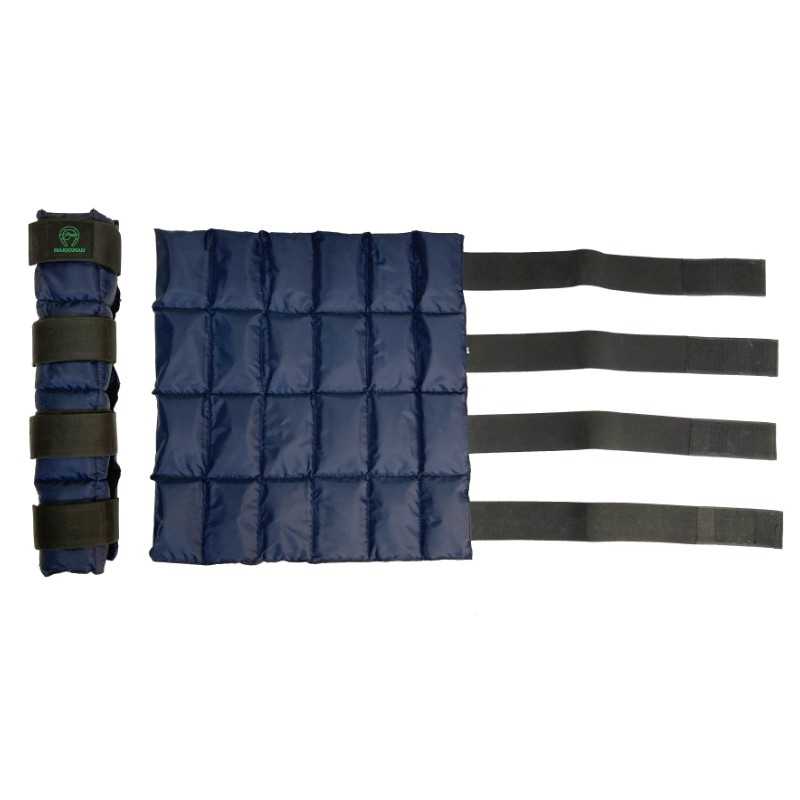 Peso de treino azul com tiras de velcro negras, dobrado e aberto