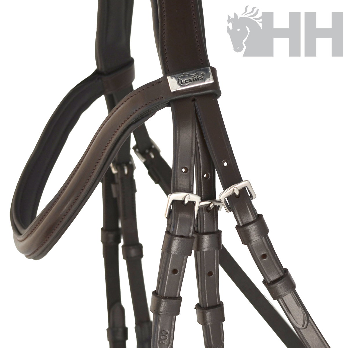 Bridão de equitação em pele castanha com fivelas metálicas