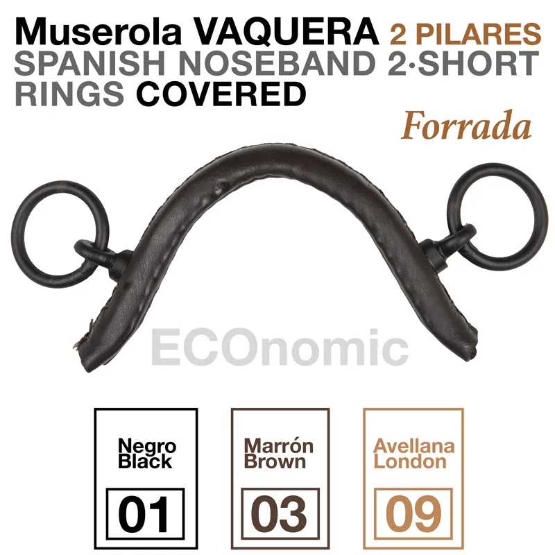 Muserola vaquera espanhola preta, castanha e avellana, dois pilares, argolas curtas, coberta e forrada.