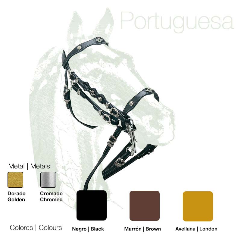 Cabresto de cavalo em pele preta com enfeites metálicos cromados/dourados