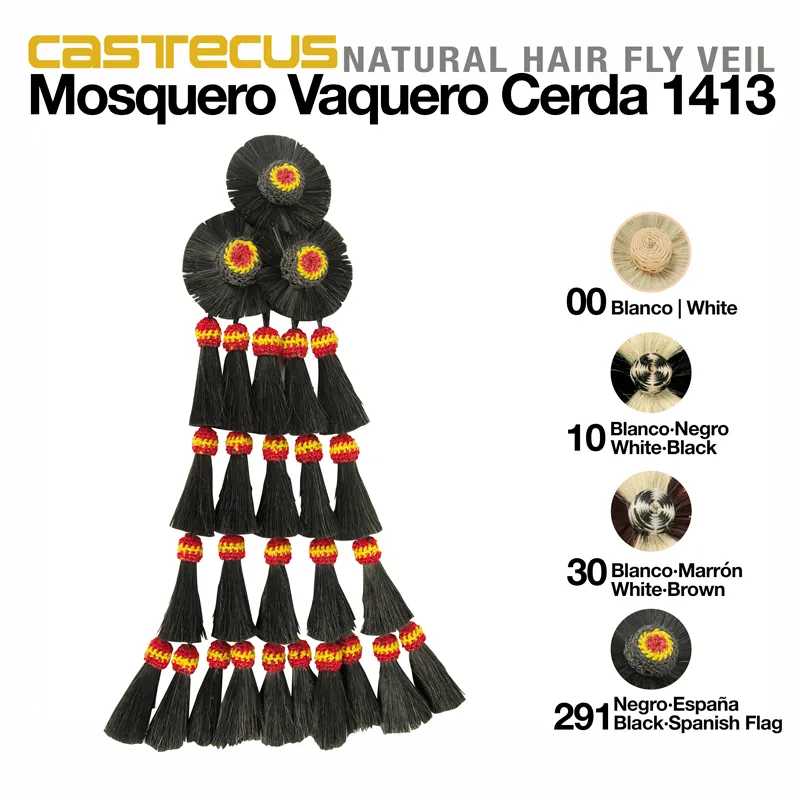 Véu de cabelo natural para mosquero vaqueiro Castrecus Cerda 1413 com franjas pretas e detalhes em vermelho e amarelo.