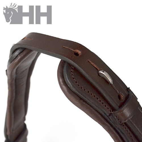 Correia para cavalo em couro castanho com fivela metálica e logo HH
