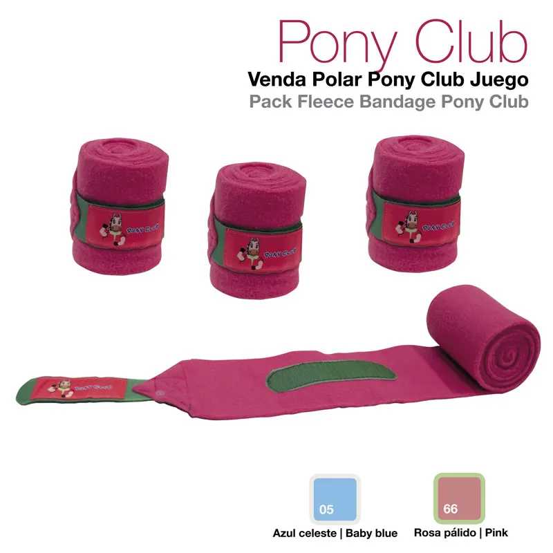 Conjunto de vendas polares rosa com etiquetas 'Pony Club' e detalhe verde