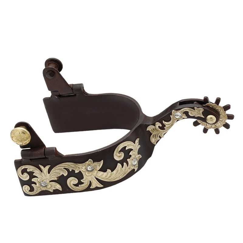 Espora metálica preta com decoração dourada e pedras brilhantes