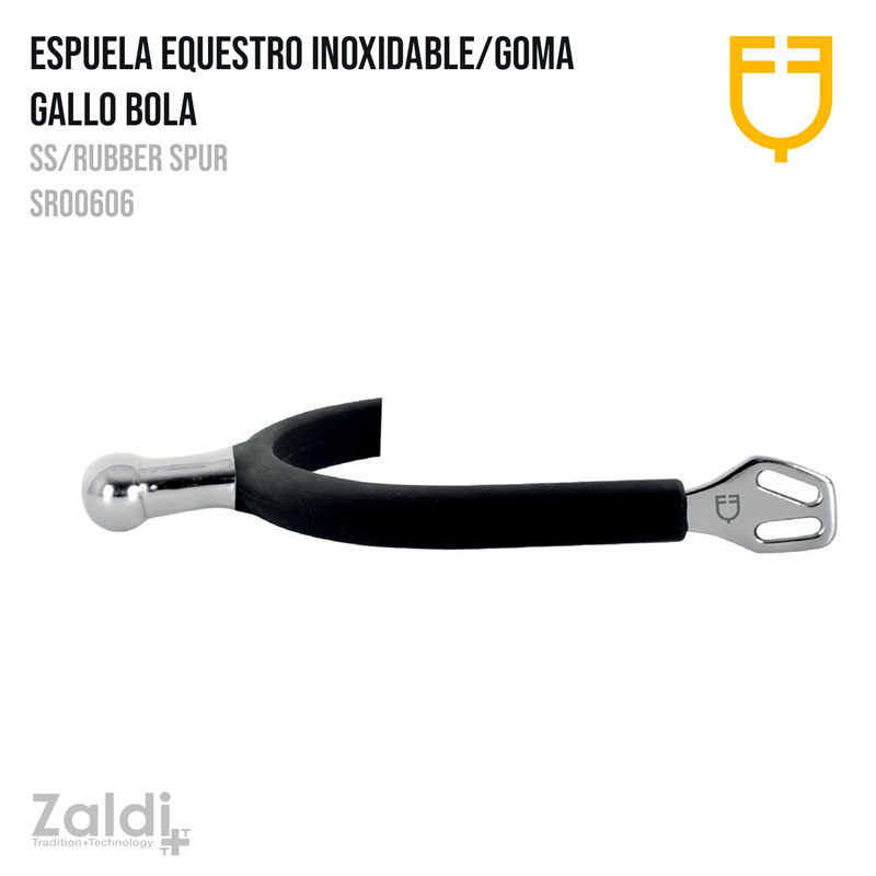 Espuela equestre inoxidável com borracha preta e bola metálica