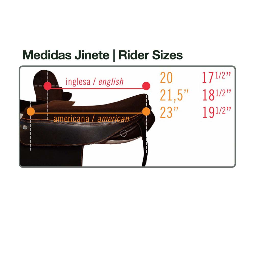 Sela de cavalo preta com medidas de tamanhos de cavaleiro em inglês e americano