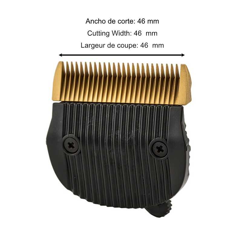 Cabeça de máquina de cortar cabelo com lâminas douradas e base preta