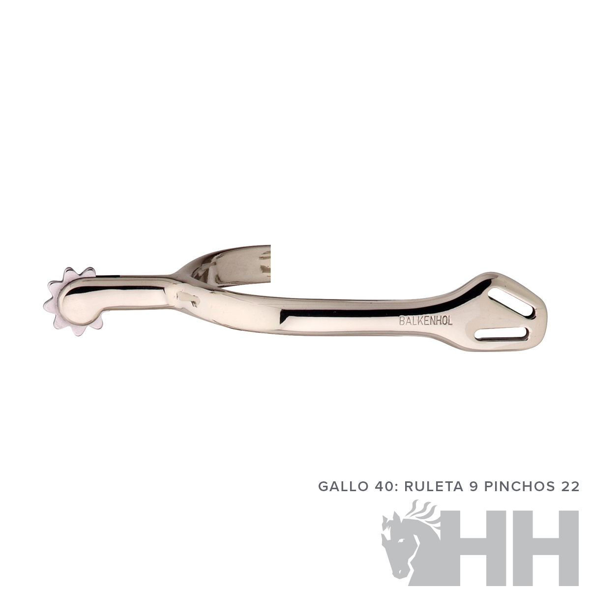 Espora metálica prateada com roda dentada e gravação BAIRONHOL