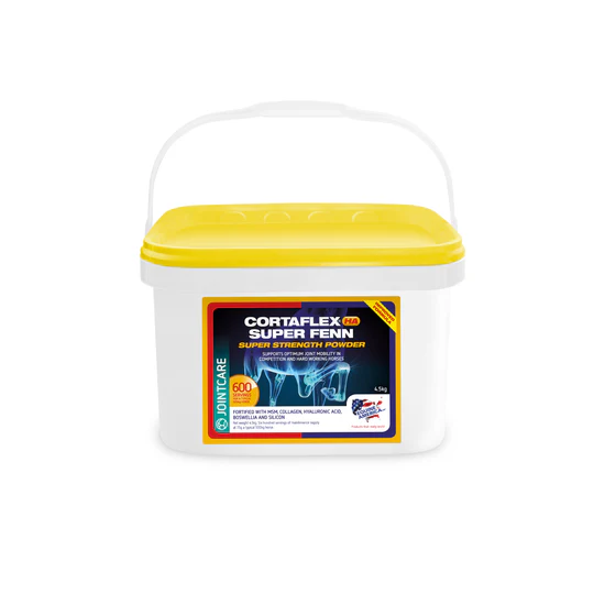 Pote branco com tampa amarela e rótulo azul e amarelo de suplemento de força para articulações