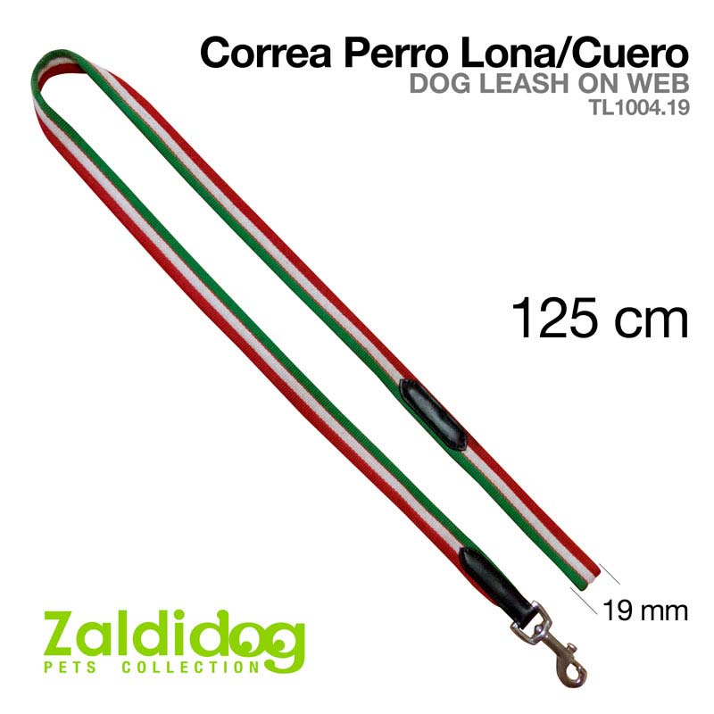 Trela para cão em lona e couro listrada nas cores verde, branco e vermelho com acessório metálico.