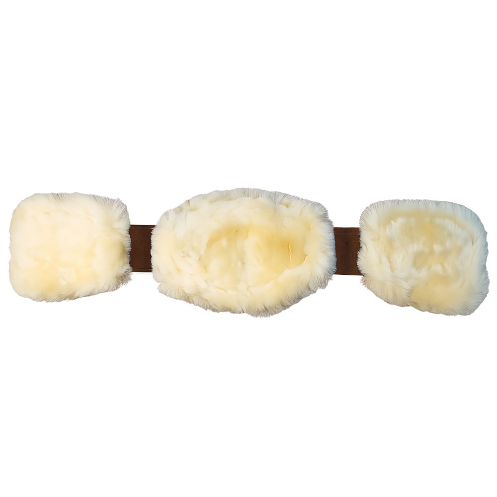 Cinto com três almofadas de pelúcia creme montadas em couro castanho