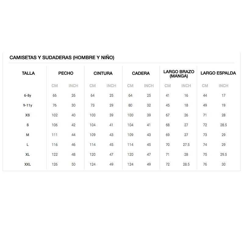 Tabela de tamanhos para camisetas e sudaderas (homem e criança) com medidas detalhadas em cm e polegadas.