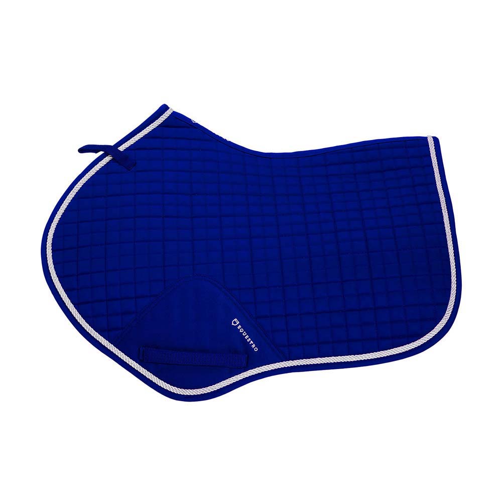 Tapete azul acolchoado para sela com borda branca e etiqueta EQUITERO