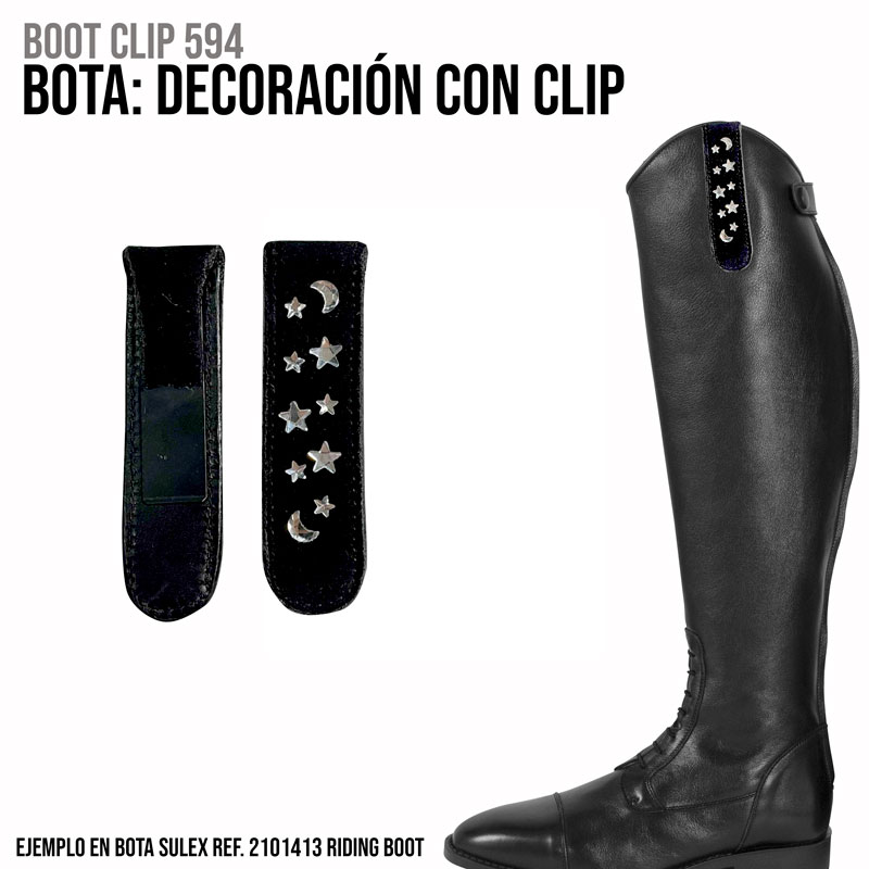 Clips decorativos para botas e bota preta alta de equitação com clip