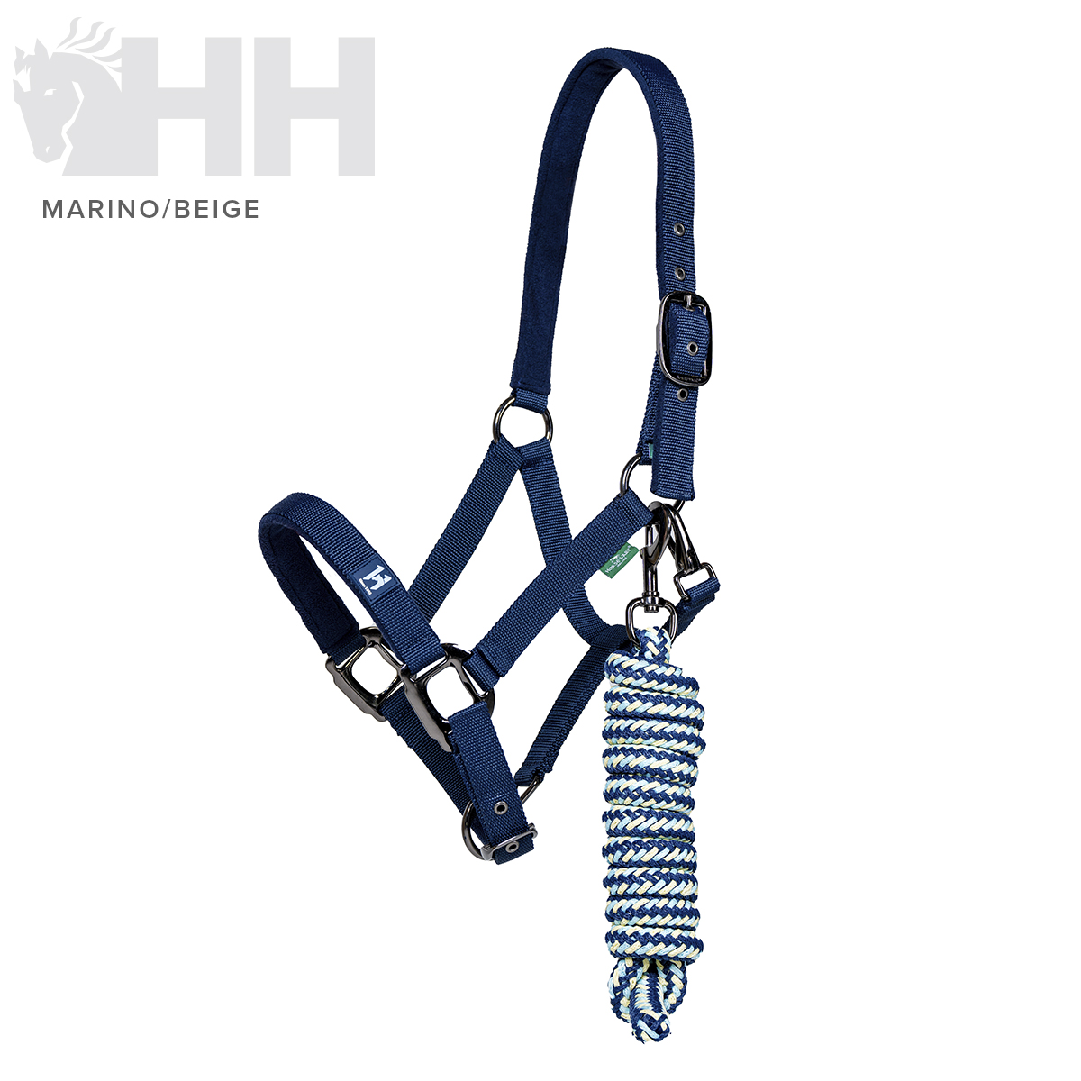 Cabresto azul marinho de nylon com cabos azuis e bege enrolados