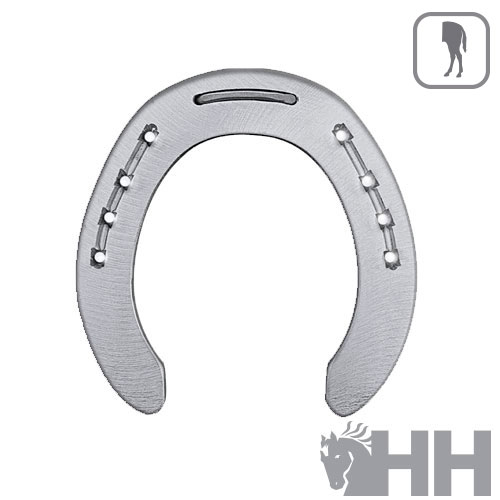 Ferradura metálica prateada com furos para fixação