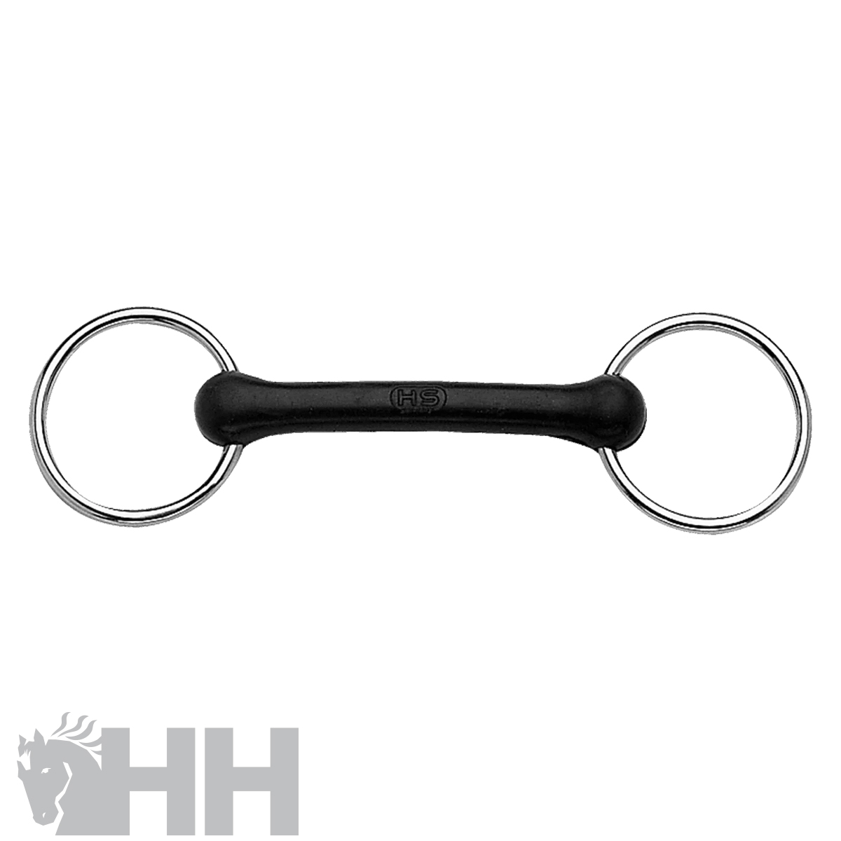 Freio simples para cavalo com argolas metálicas e peça central preta