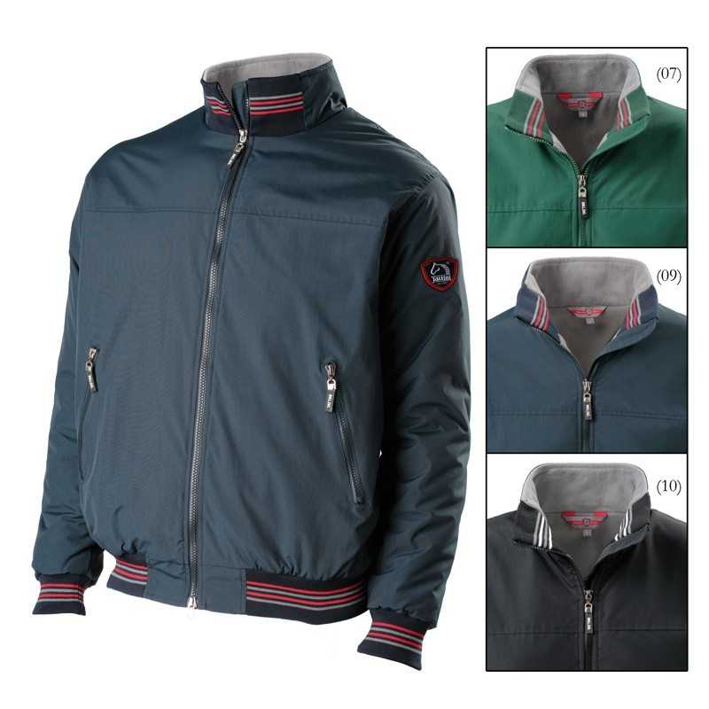 Casaco desportivo azul com fecho, bolsos e riscas vermelhas e brancas nos punhos e barra