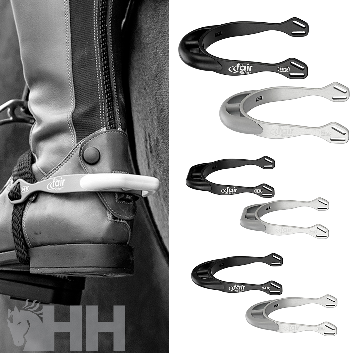 Suplementos para esporas Cfair em preto e cinza montados em botas de equitação de pele preta.