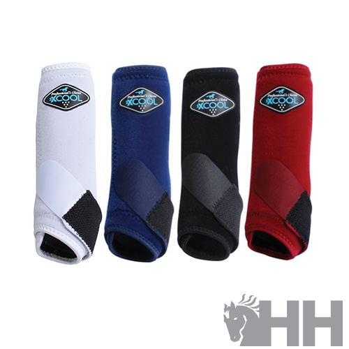 Proteções para pernas em branco, azul, preto e vermelho com logo XCooL