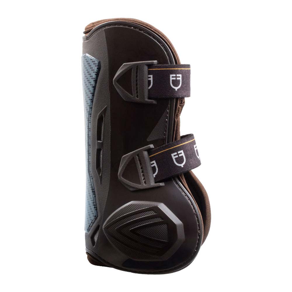 Proteção para membros de cavalo preta e cinza com tiras de velcro e detalhes castanhos