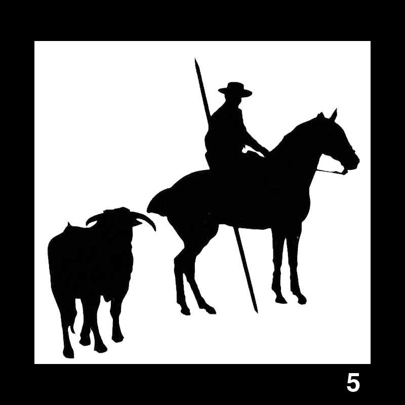 Silhueta de cavaleiro e touro em fundo branco com número 5